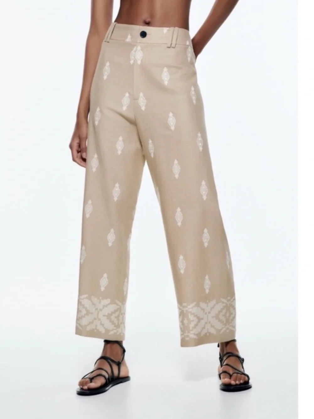 ZARA Linen Beige Patterned Wide-Leg Pants XS embroidered vacation spring summer